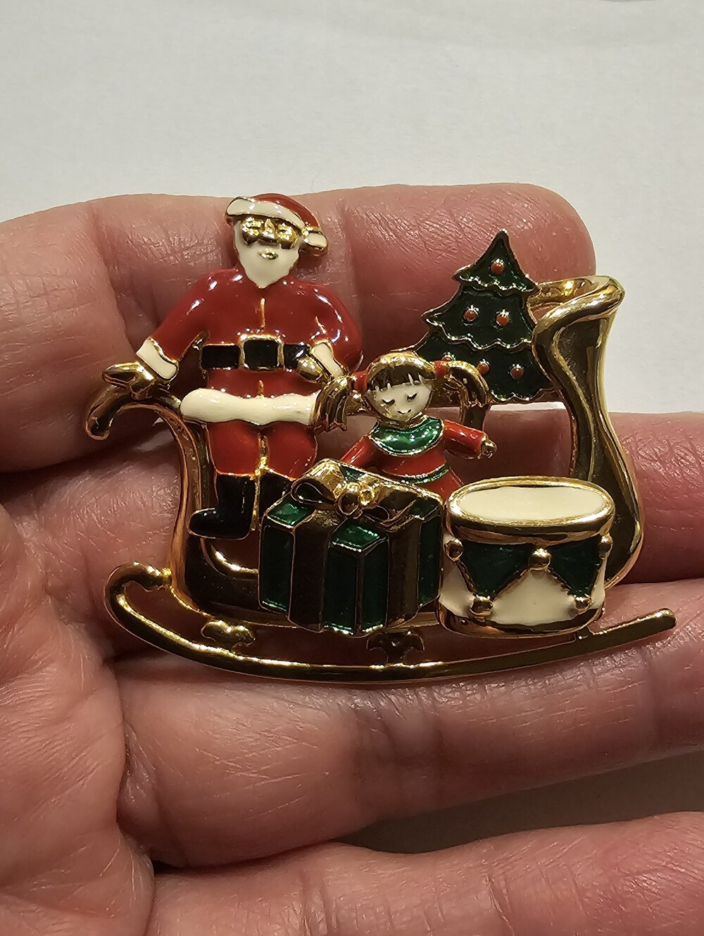 Vintage Gold-tone Enamel Santa Sleigh Multi-Piece Christmas Brooch Pin Set